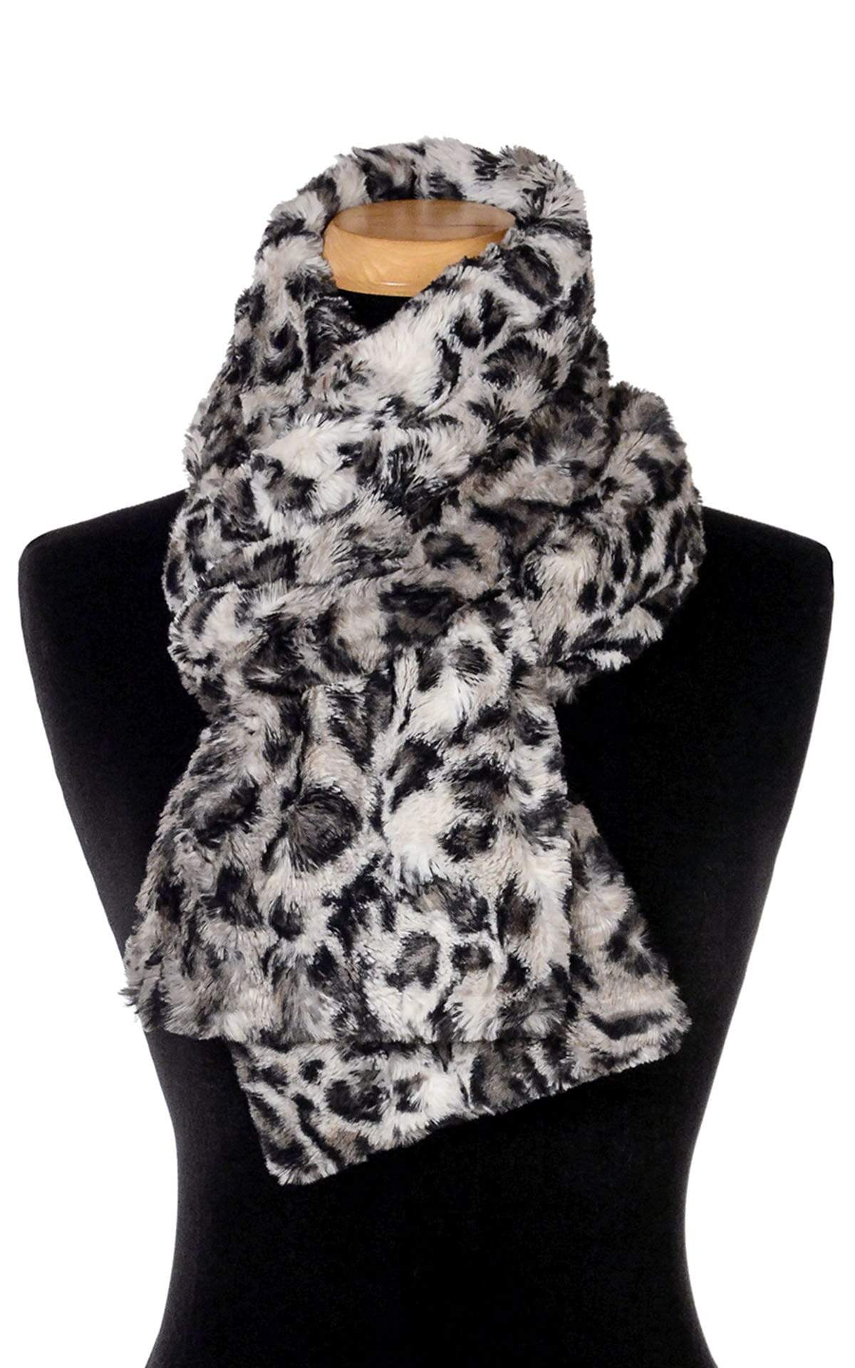 Women’s Product shot on mannequin of Classic Scarf | Savannah Cat animal print Faux Fur | Handmade by Pandemonium Millinery Seattle, WA USA