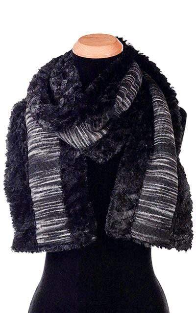 Model against barn door  wearing Classic Scarf, fingerless gloves and rowdy hat   | Sweet Stripes in Blackberry cobbler, blues and grays with  Cuddly Faux Fur in Black | Handmade in Seattle WA Pandemonium Millinery