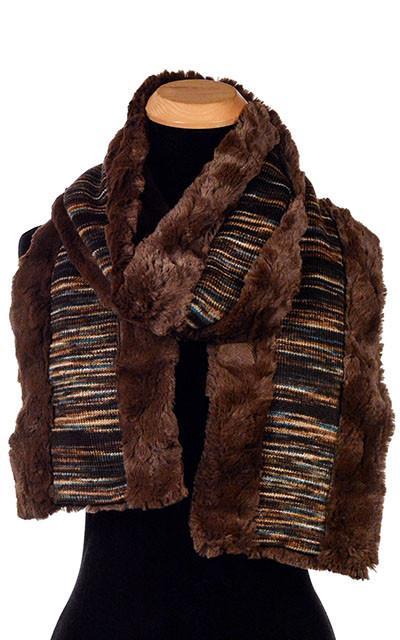 Product shot of Classic Scarf on Mannequin |  Sweet Stripes in Toffee, Chocolate, blue. Brown, Tan and Blacks  with  Cuddly Faux Fur in Chocolate | Handmade in Seattle WA Pandemonium Millinery
