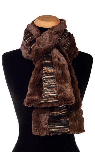 Product shot of Classic Scarf on Mannequin |  Sweet Stripes in Toffee, Chocolate, blue. Brown, Tan and Blacks  with  Cuddly Faux Fur in Chocolate | Handmade in Seattle WA Pandemonium Millinery