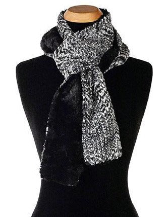 Women's Classic Scarf on Mannequin | Cozy Cable in Ash Faux Fur, Black and White with Cuddly Black | Handmade in Seattle WA Pandemonium Millinery