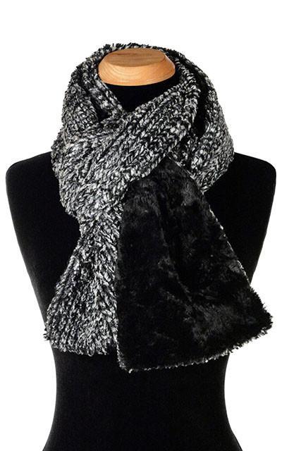 Women's Classic Scarf on Mannequin | Cozy Cable in Ash Faux Fur, Black and White with Cuddly Black | Handmade in Seattle WA Pandemonium Millinery