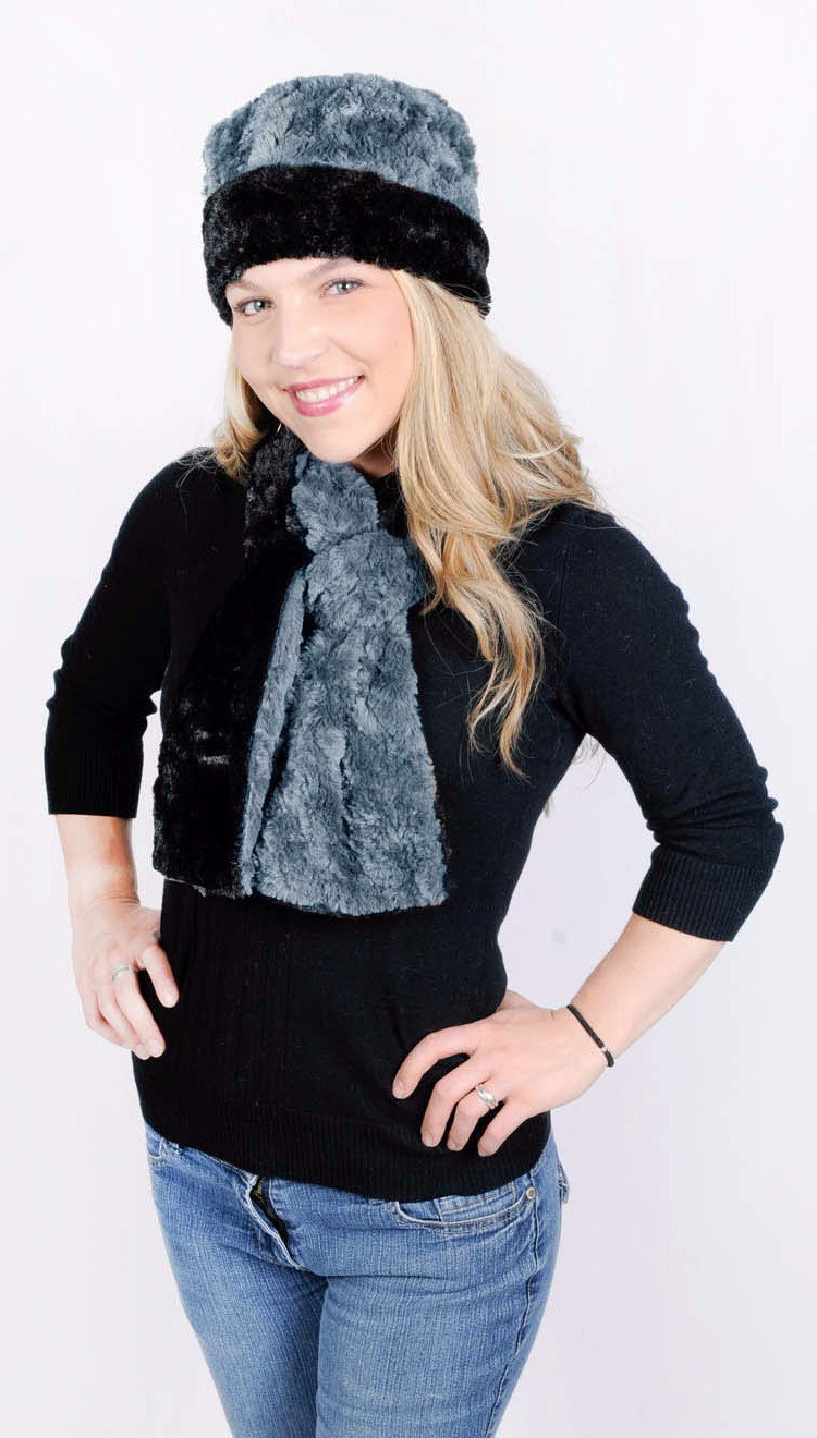 Model wearing Cuffed Pillbox and matching Classic Women’s Scarf on Mannequin | Cuddly Faux Fur in Slate, Blue/ Gray with Black | Handmade in Seattle WA Pandemonium Millinery