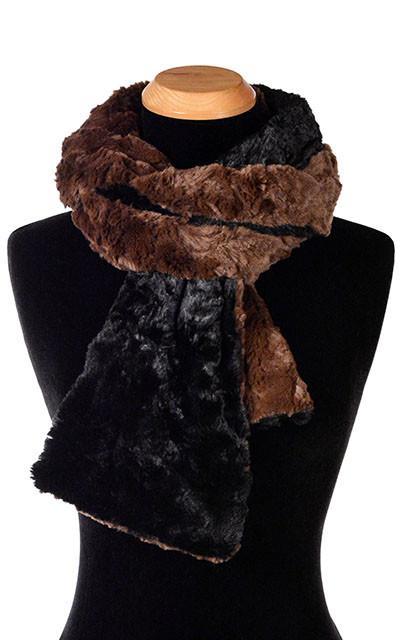 Product shot of Classic Women’s Scarf on Mannequin | Cuddly Faux Fur in Chocolate with Black | Handmade in Seattle WA Pandemonium Millinery