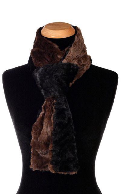 Product shot of Classic Women’s Skinny Scarf on Mannequin | Cuddly Faux Fur in Chocolate with Black | Handmade in Seattle WA Pandemonium Millinery