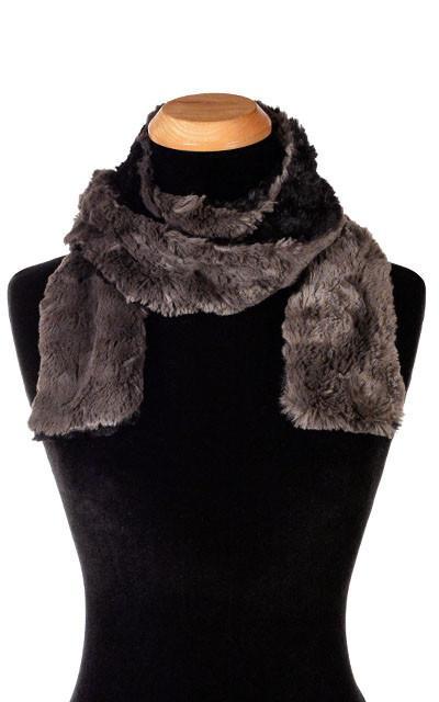 Product shot of  Women’s  Classic Skinny Scarf on Mannequin | Cuddly Faux Fur in Charcoal Gray with Black  | Handmade in Seattle WA Pandemonium Millinery