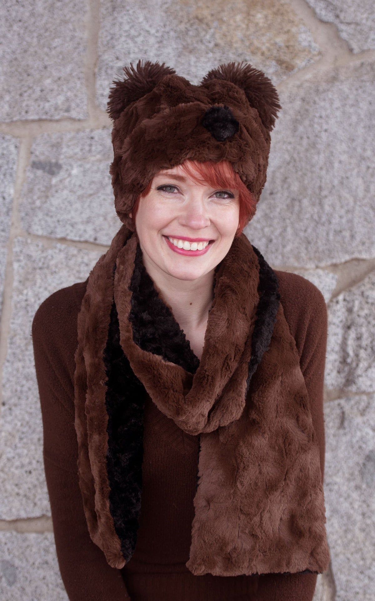 Women wearing Bear Beanie Hat with matching  Classic Ladies Scarf on Mannequin | Cuddly Faux Fur in Chocolate with Black | Handmade in Seattle WA Pandemonium Millinery
