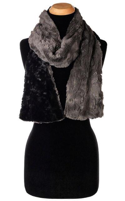 Product shot of Classic Women’s Scarf on Mannequin | Cuddly Faux Fur in Charcoal Gray with  Black  | Handmade in Seattle WA Pandemonium Millinery