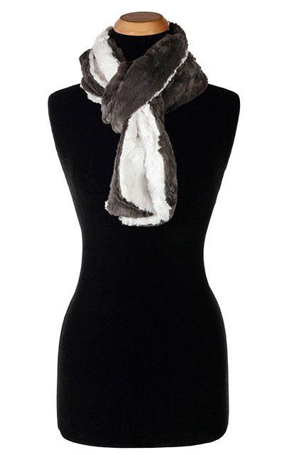 Women&#39;s Classic Standard Scarf in Cuddly Gray Faux Fur with Ivory | Handmade in Seattle WA | Pandemonium Millinery