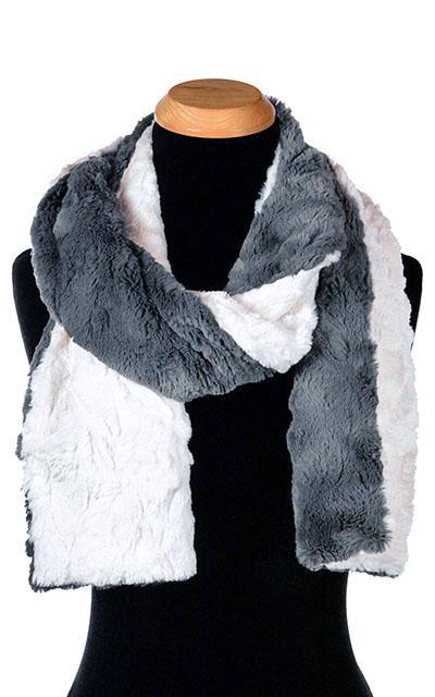 Product shot of Classic Scarf on Mannequin | Cuddly Faux fur in Blue Slate with Ivory Faux Fur  | Handmade in Seattle WA Pandemonium Millinery