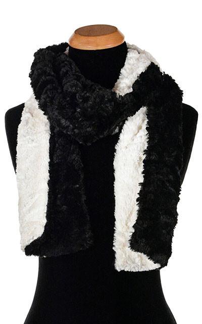Product shot of Classic Women’s Scarf on Mannequin | Cuddly Faux Fur in Black with Ivory Faux Fur  | Handmade in Seattle WA Pandemonium Millinery
