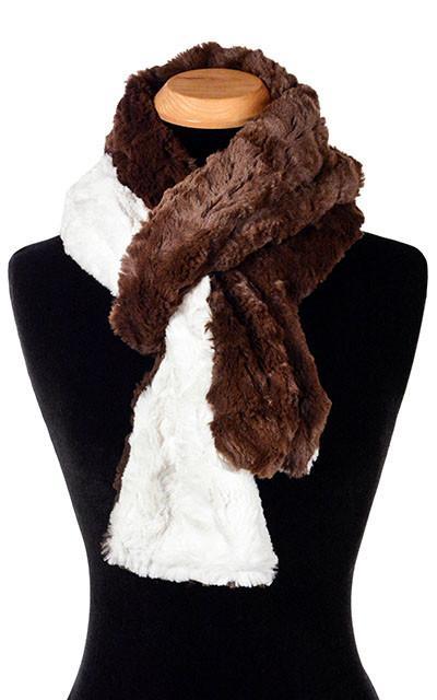 Product shot of Classic Women’s Scarf on Mannequin | Cuddly Faux Fur in Chocolate with Ivory Faux Fur  | Handmade in Seattle WA Pandemonium Millinery