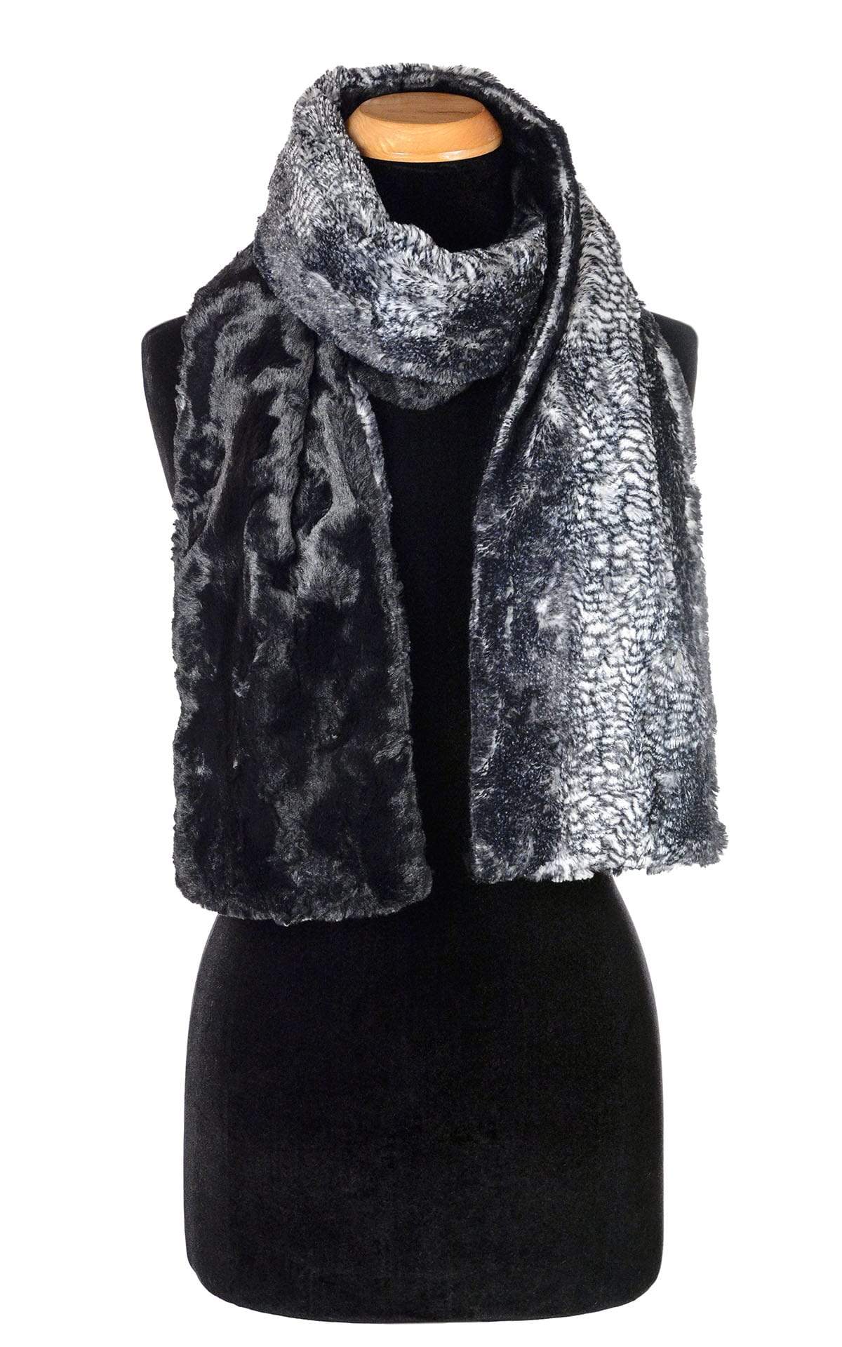 Women’s Product shot on mannequin of two-tone Classic Scarf | Black Mamba animal snake print with Cuddly Black Faux Fur | Handmade by Pandemonium Millinery Seattle, WA USA