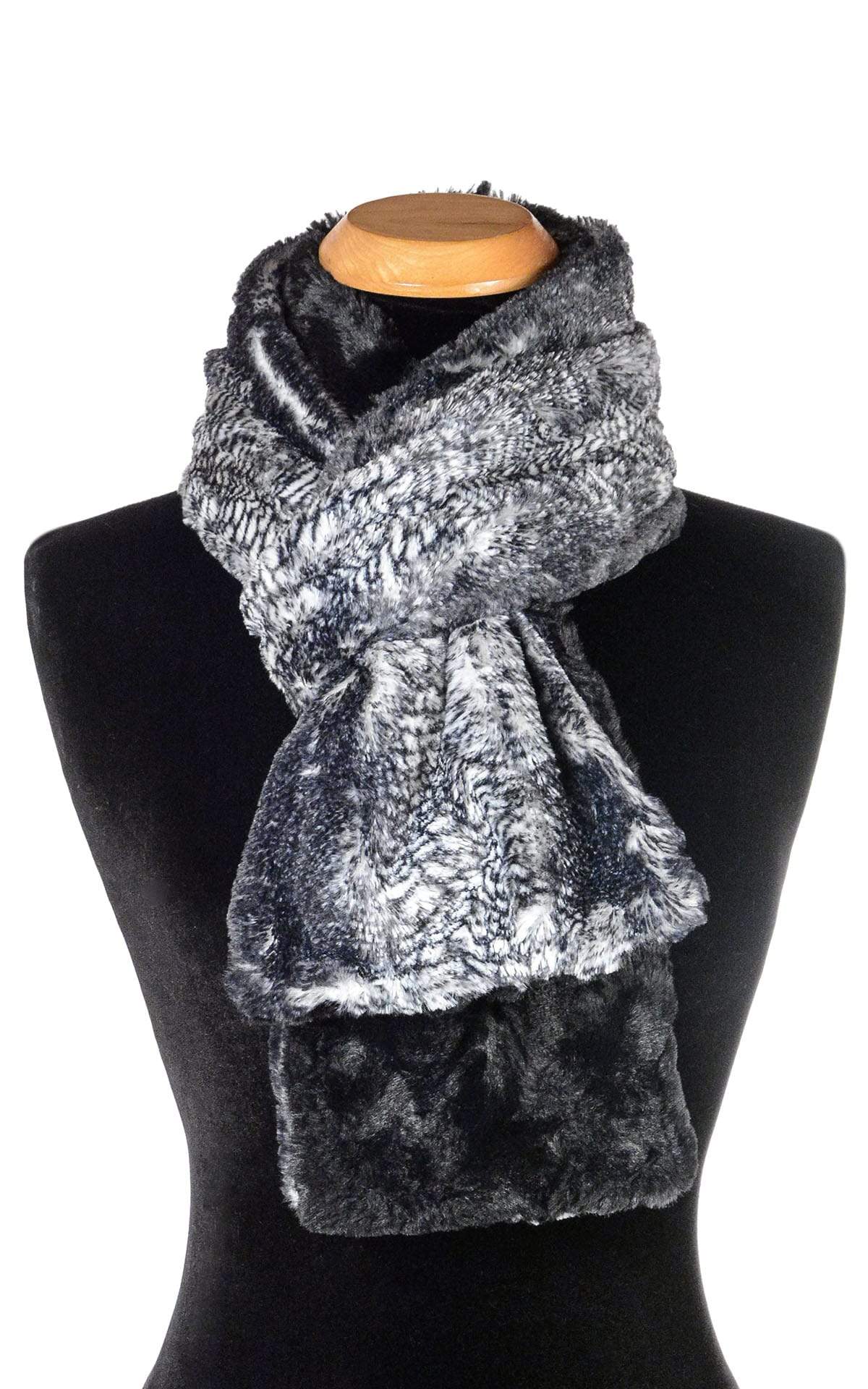 Women’s Product shot on mannequin of two-tone Classic Scarf Black Mamba animal snake print  with Cuddly Black Faux Fur | Handmade by Pandemonium Millinery Seattle, WA USA