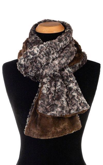 Women’s Product shot on mannequin of Classic  Two-Tone Scarf | Calico faux fur in brown crems and black with cuddly chocolate | Handmade by Pandemonium Millinery Seattle, WA USA
