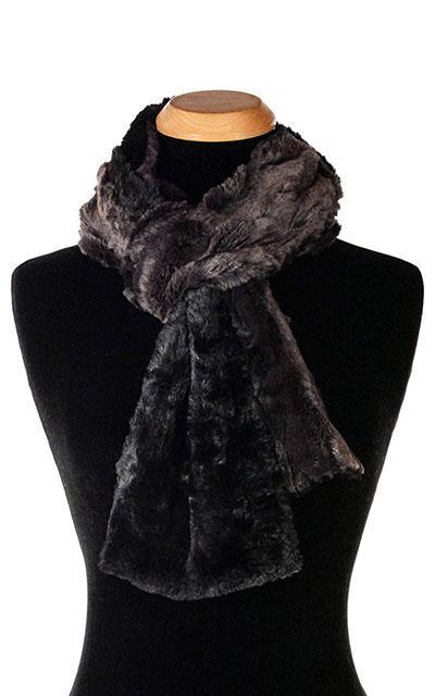 Women’s Product shot on mannequin of Classic Two-tone Scarf | Espresso in blacks and browns Faux Fur | Handmade by Pandemonium Millinery Seattle, WA USA