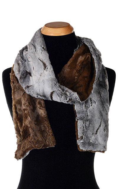 Women’s Product shot on mannequin of Classic Two-tone Scarf | Giant’s Causeway with Cuddly Chocolate Faux Fur | Handmade by Pandemonium Millinery Seattle, WA USA