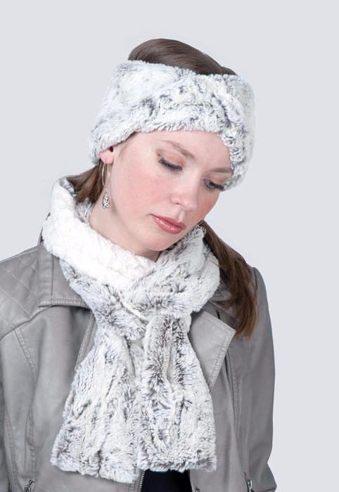 Women's Classic Skinny Scarf in Khaki Luxury Faux Fur with Cuddly Ivory shown with Headband | Handmade in Seattle WA | Pandemonium Millinery