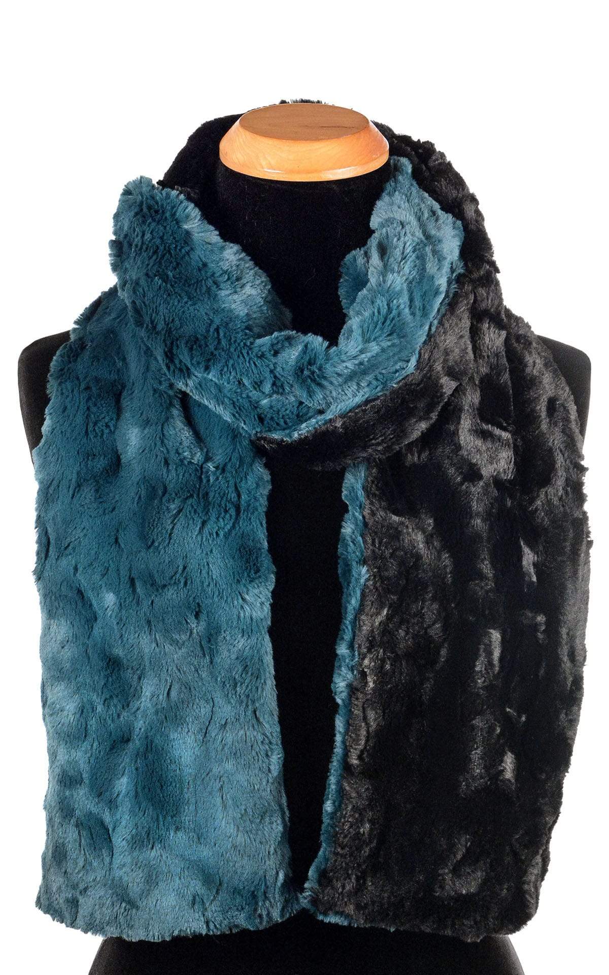 Women’s Product shot on mannequin of Two-tone Classic Scarf | Peacock Pond blue/teal Faux Fur with cuddly black | Handmade by Pandemonium Millinery Seattle, WA USA