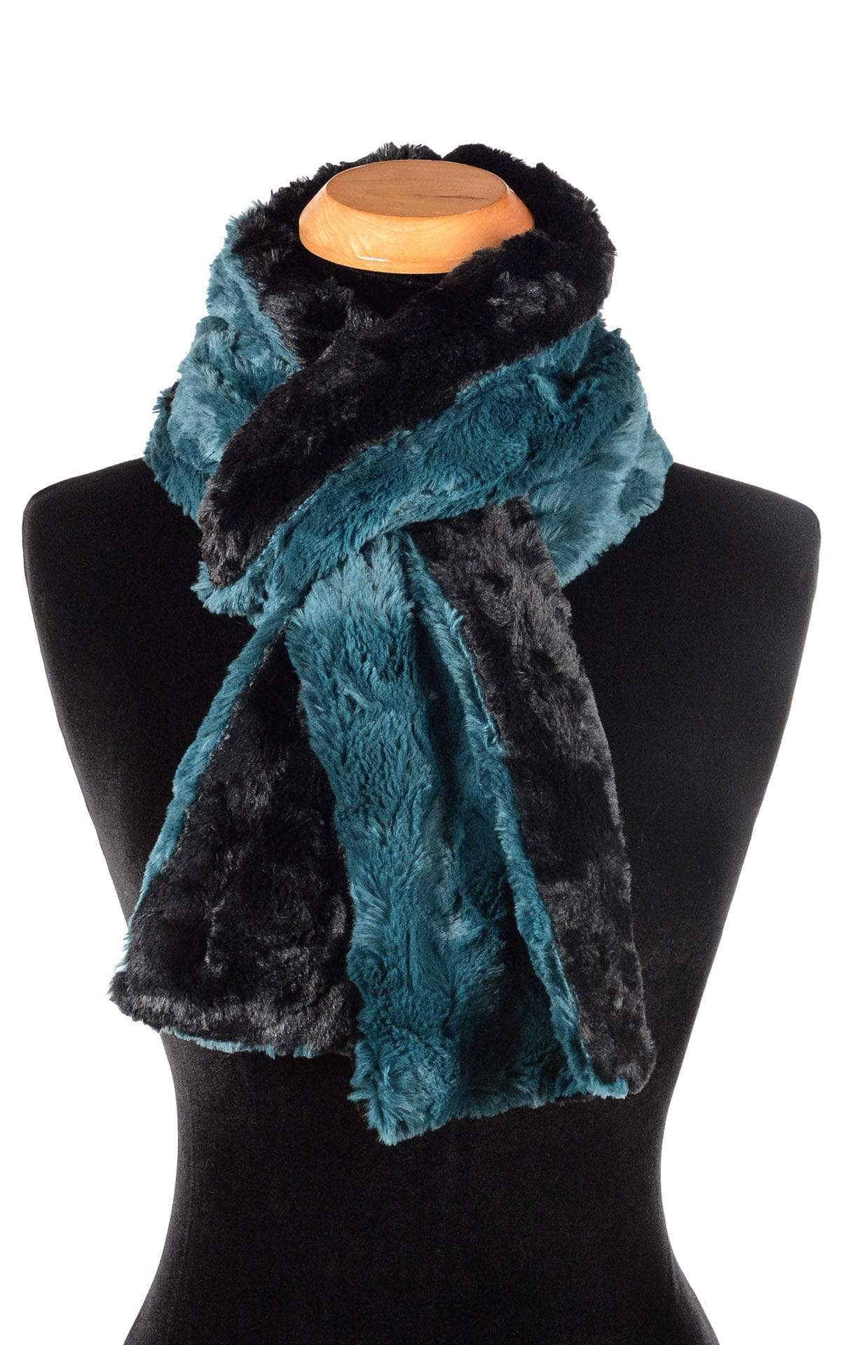 Women’s Product shot on mannequin of Two-tone Classic Scarf  shown looped| Peacock Pond blue/teal Faux Fur with cuddly black | Handmade by Pandemonium Millinery Seattle, WA USA