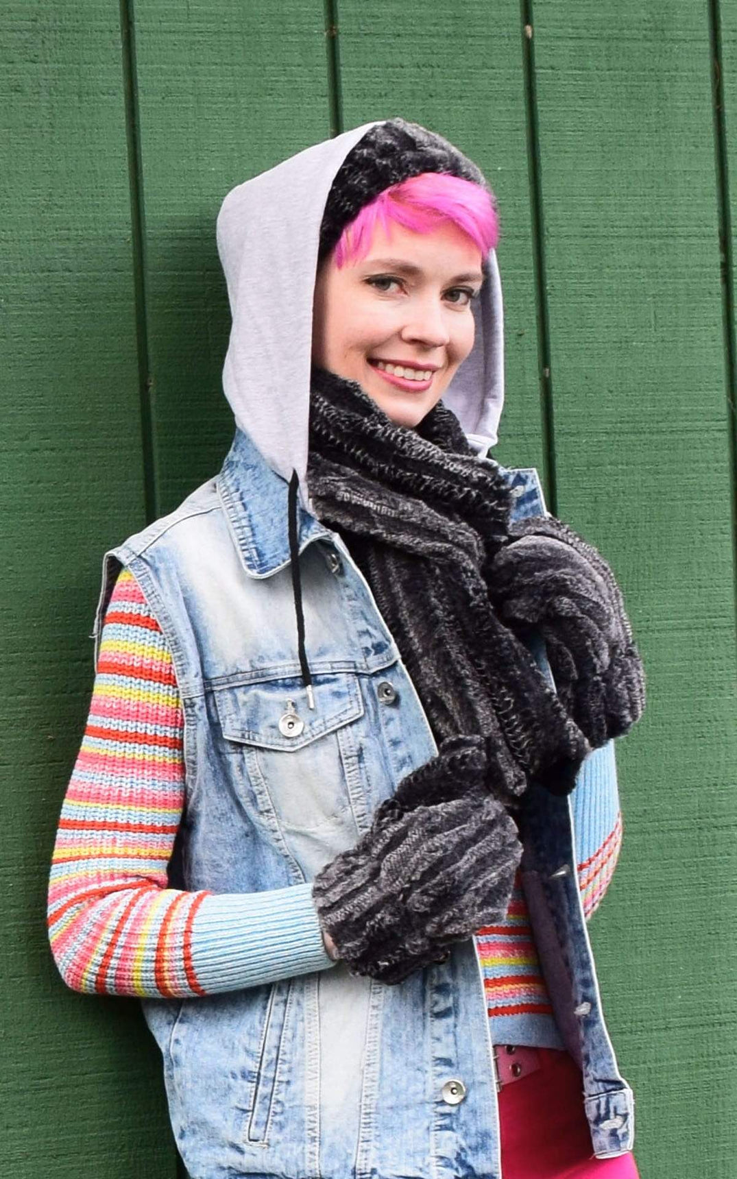 Model waring matching headband, mittens and  Skinny Classic Scarf Rattle ‘n’ shake animal snake print and Cuddly Black Faux Fur | Handmade by Pandemonium Millinery Seattle, WA USA