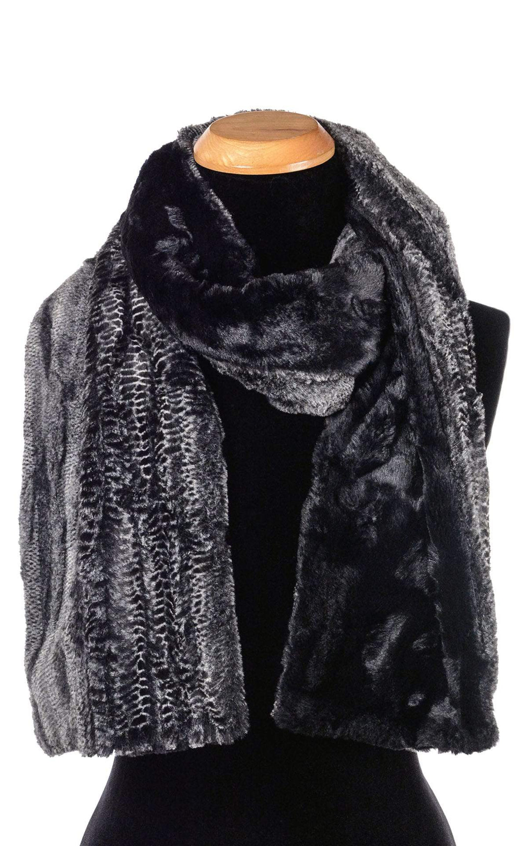 Women’s Product shot on mannequin of Two Tone Classic Scarf Rattle ‘n’ shake animal snake print  with Cuddly Black Faux Fur | Handmade by Pandemonium Millinery Seattle, WA USA