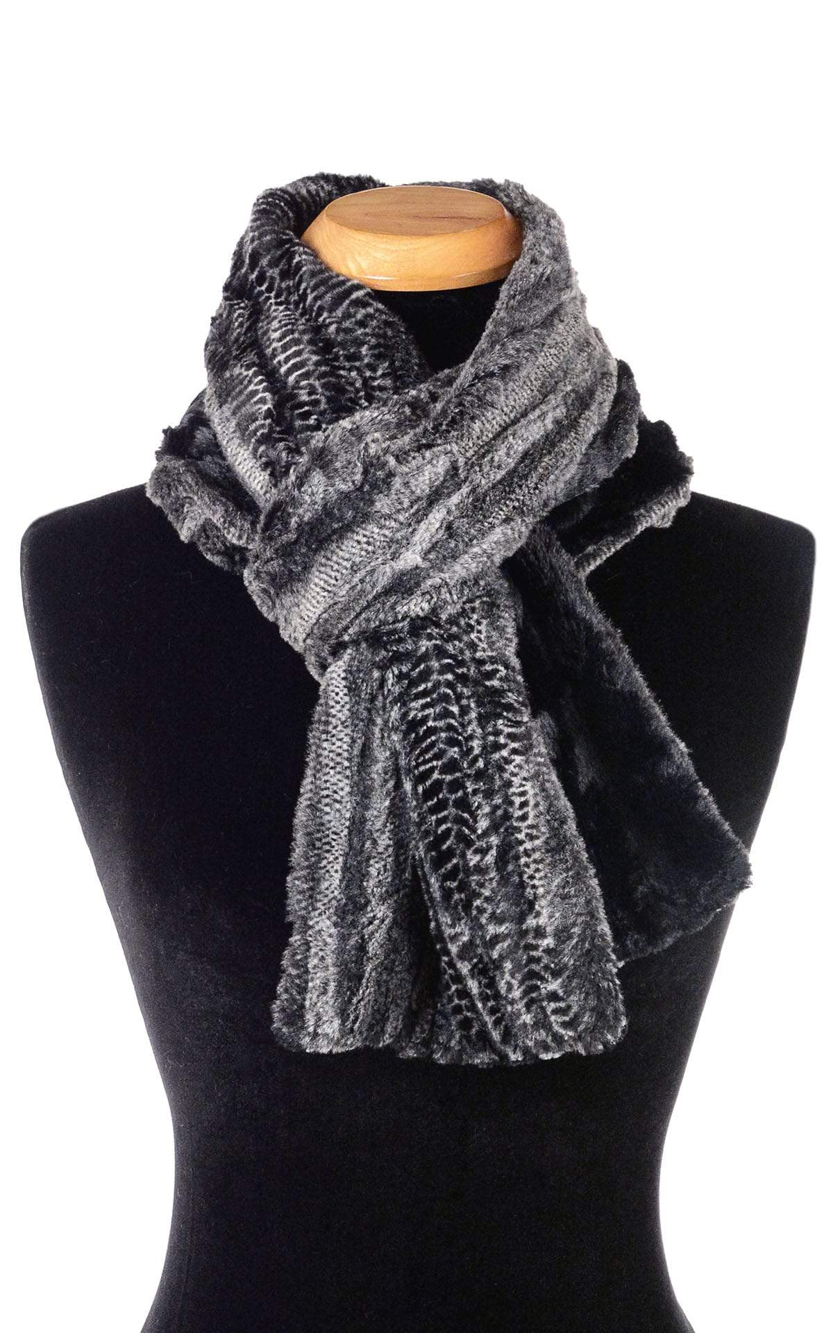 Women’s Product shot on mannequin of Two Tone Classic Scarf Rattle ‘n’ shake animal snake print  with Cuddly Black Faux Fur | Handmade by Pandemonium Millinery Seattle, WA USA
