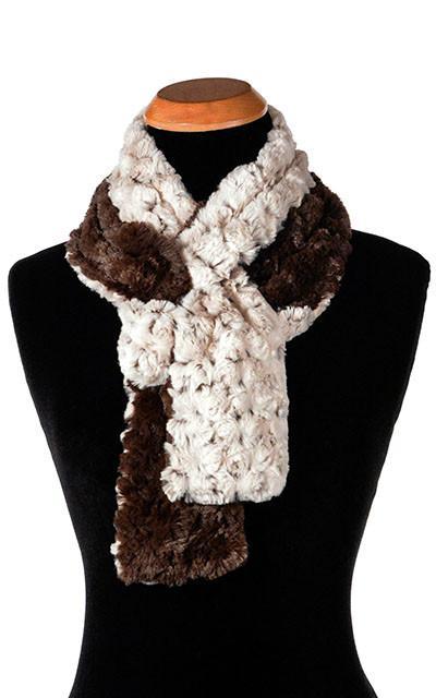 Product shot of Classic Skinny Scarf on Mannequin shown tied |  Rosebud Brown with Cuddly Faux Fur in Chocolate | Handmade in Seattle WA Pandemonium Millinery