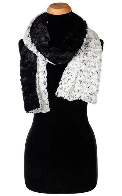 women&#39;s Classic Scarf | Rosebud Faux Fur in Black with Cuddly Black | handmade in Seattle WA USA by Pandemonium Millinery