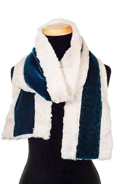 Women's Skinny Classic  shown tied Two-Tone  Scarf on Mannequin | Velvet in Emerald with Cuddly Sand Faux Fur| Handmade in Seattle WA Pandemonium Millinery