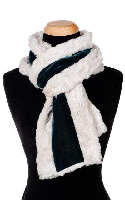 Women&#39;s Skinny Classic  shown tied Two-Tone  Scarf on Mannequin | Velvet in Emerald with Cuddly Sand Faux Fur| Handmade in Seattle WA Pandemonium Millinery