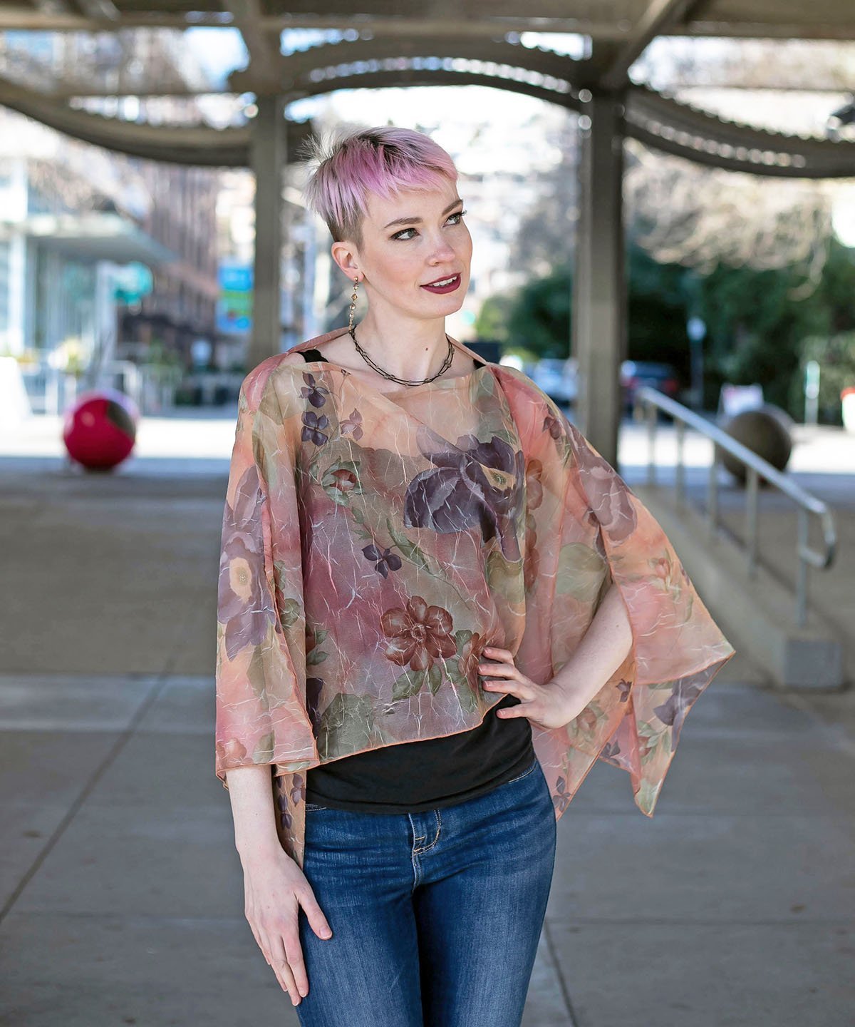 Coastal Garden Poncho in Bayberry on Model | Handmade in Seattle WA | Pandemonium Millinery