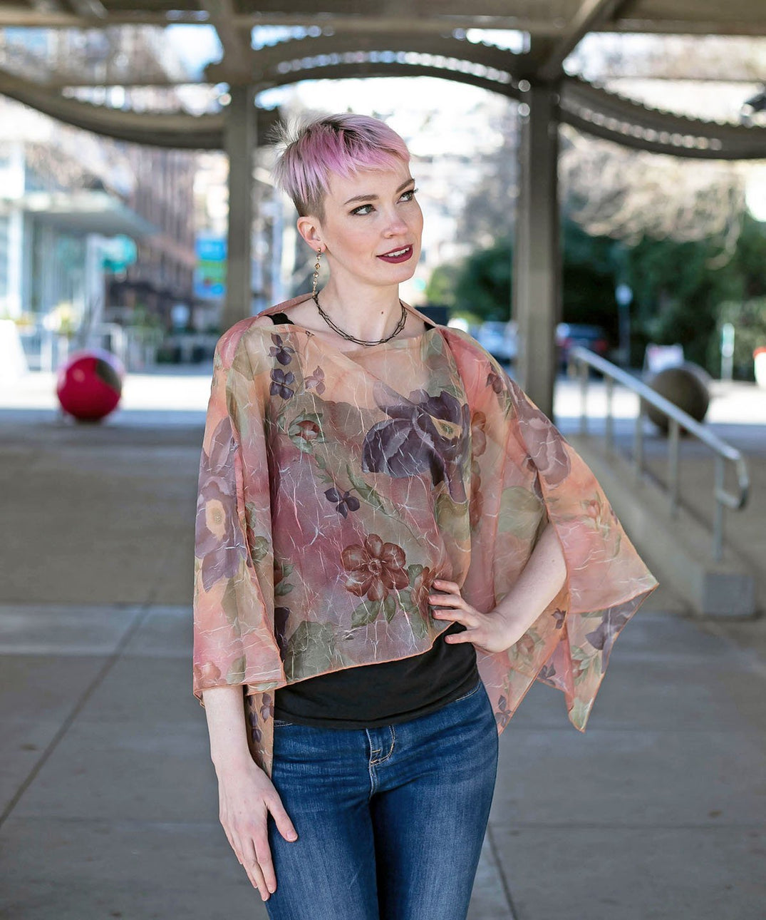 Coastal Garden Poncho in Bayberry on Model | Handmade in Seattle WA | Pandemonium Millinery