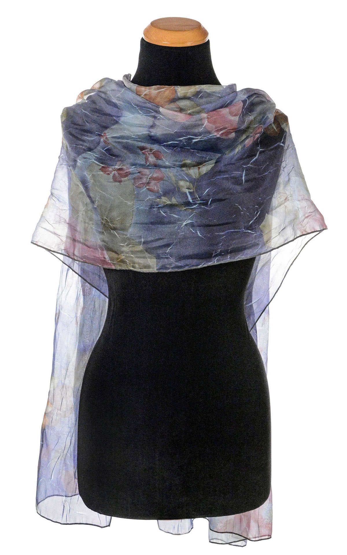 Women's Coastal Garden Wrap in Sea Lavender Over Shoulders | Handmade in Seattle WA | Pandemonium Millinery