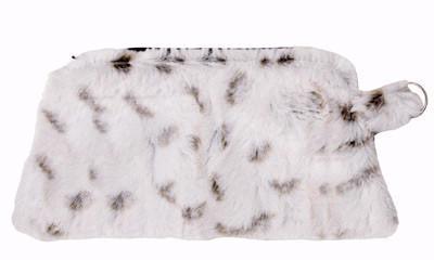 Cosmetic Bag in Winters Frost, White with faint Black spots Faux Fur | Handmade in Seattle WA | Pandemonium Millinery