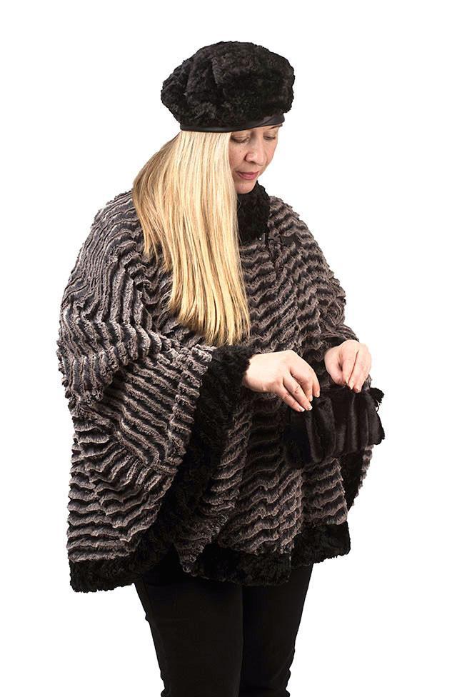 Model in Faux Fur Cape and Beret looking into Minky in Black  Cosmetic Bag |  By Pandemonium  MIllinery | Handmade in Seattle WA