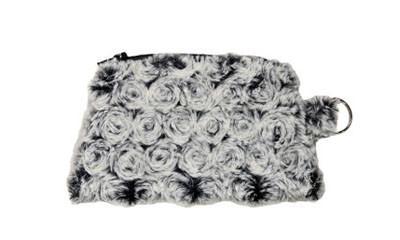 Coin Purse in Rosebud in Black Faux Fur, Whitish Rosette over a Black Base | Handmade in Seattle WA | Pandemonium Millinery