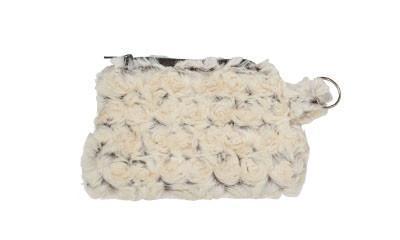 Coin Purse in Rosebud in Brown Faux Fur, Creamish Rosette over a Chocolate Base | Handmade in Seattle WA | Pandemonium Millinery