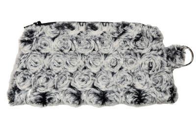 Cosmetic Bag in Rosebud in Black Faux Fur, Whitish Rosette over a Black Base | Handmade in Seattle WA | Pandemonium Millinery