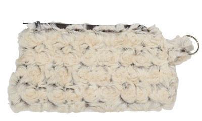 Cosmetic Bag in Rosebud in Brown Faux Fur, Creamish Rosette over a Chocolate Base | Handmade in Seattle WA | Pandemonium Millinery