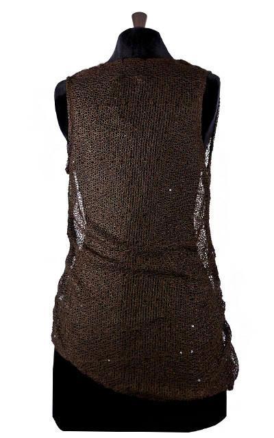Back View of Product shot of the Cowl Top a versatile  asymmetrical top is ruched on both sides| Glitzy Glam in Coffee, a chocolate an open-weave knit with delicate sequins throughout | Handmade in Seattle WA | Pandemonium Millinery