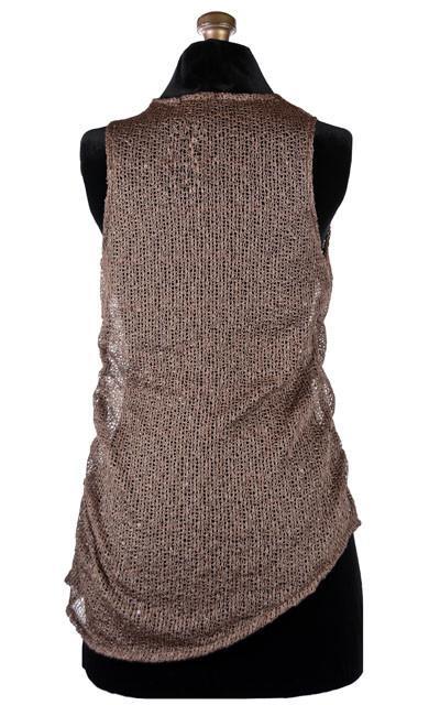 Product shot of the Cowl Top a versatile  asymmetrical top is ruched on both sides| Glitzy Glam in Toffee a taupe colored, an open-weave knit with delicate sequins throughout | Handmade in Seattle WA | Pandemonium Millinery