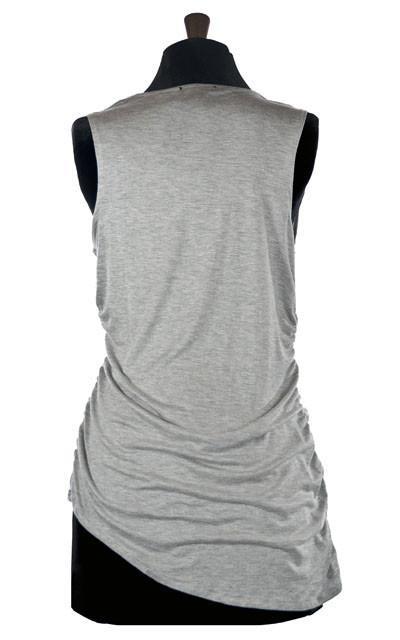 Back View Product shot of the Cowl Top a versatile  asymmetrical top is ruched on both sides| Silvery moon a Gray Jersey Knit, a light weight, soft knit.| Handmade in Seattle WA | Pandemonium Millinery
