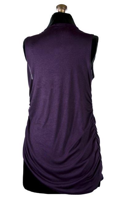 Back view of Product shot of the Cowl Top a versatile  asymmetrical top is ruched on both sides| Purple Haze Jersey Knit, a light weight, soft knit.| Handmade in Seattle WA | Pandemonium Millinery