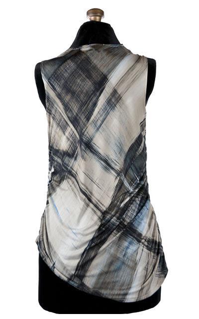 Back view Product shot of Cowl Top a versatile asymmetrical top is ruched on both sides | Pretty plaid in blue a Plaid print on Lycra , tans, black, cream.| Handmade in Seattle WA | Pandemonium Millinery