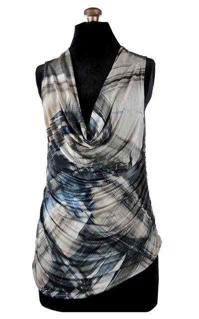 Product shot of Cowl Top a versatile asymmetrical top is ruched on both sides | Pretty plaid in blue a Plaid print on Lycra , tans, black, cream.| Handmade in Seattle WA | Pandemonium Millinery