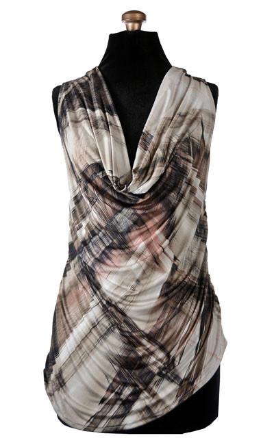 Product shot of Cowl Top a versatile asymmetrical top is ruched on both sides | Pretty plaid in pink a Plaid print on Lycra , tans, black, cream and pinks | Handmade in Seattle WA | Pandemonium Millinery