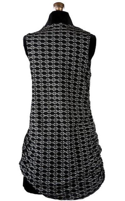 Back view of Product shot of Cowl Top a versatile asymmetrical top is ruched on both sides | Lunar Eclipse a medium  weight Textured Jersy knit of black, gray and ivory | Handmade in Seattle WA | Pandemonium Millinery
