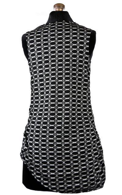 Back view of Product shot of Cowl Top a versatile asymmetrical top is ruched on both sides | Solar Eclipse a medium  weight Textured Jersy knit of black, gray and ivory | Handmade in Seattle WA | Pandemonium Millinery