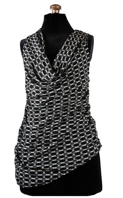 Product shot of Cowl Top a versatile asymmetrical top is ruched on both sides | Solar Eclipse a medium  weight Textured Jersy knit of black, gray and ivory | Handmade in Seattle WA | Pandemonium Millinery
